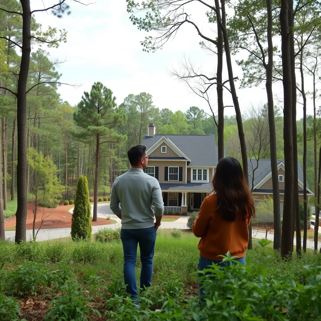 man and a women walking a building lot they may purchase for a home