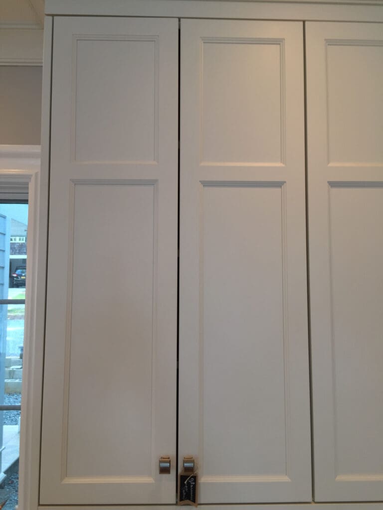 A white closet with four doors and two windows.