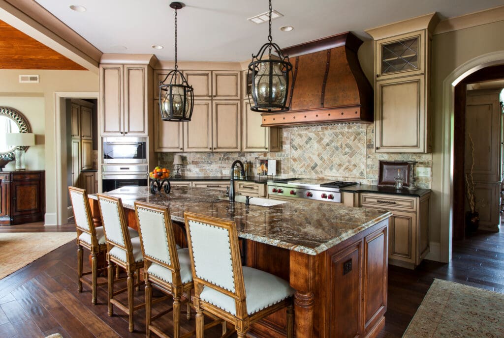 A kitchen with a large island and wooden cabinets.